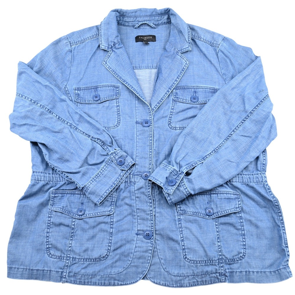 Talbots Plus Womens 1X Blue Lyocell Cotton Linen Utility Safari Blazer Jacket